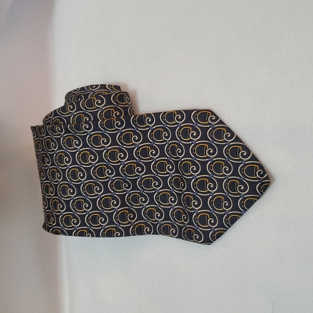 Paolo Gucci Hand Tailored Silk Tie Made in Italy Navy Blue With Gold And White